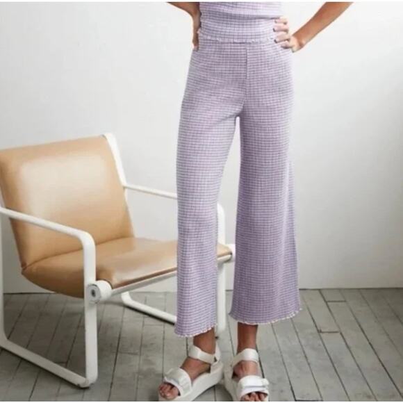 Wilfred purple verona micro gingham lettuce edge wide leg pants